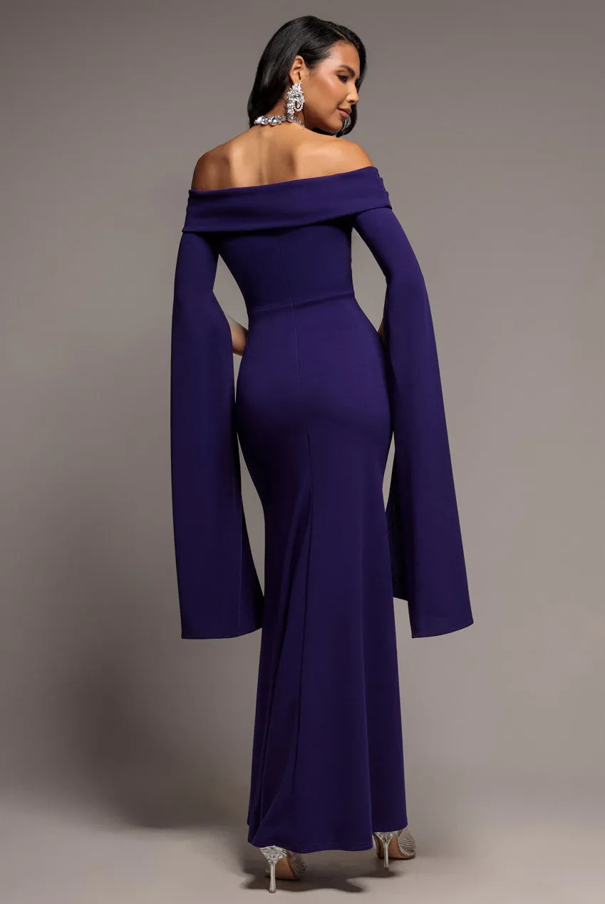 Goddiva Abito Maxi Bardot Viola Scuro con Mantella Sirena Scuba
