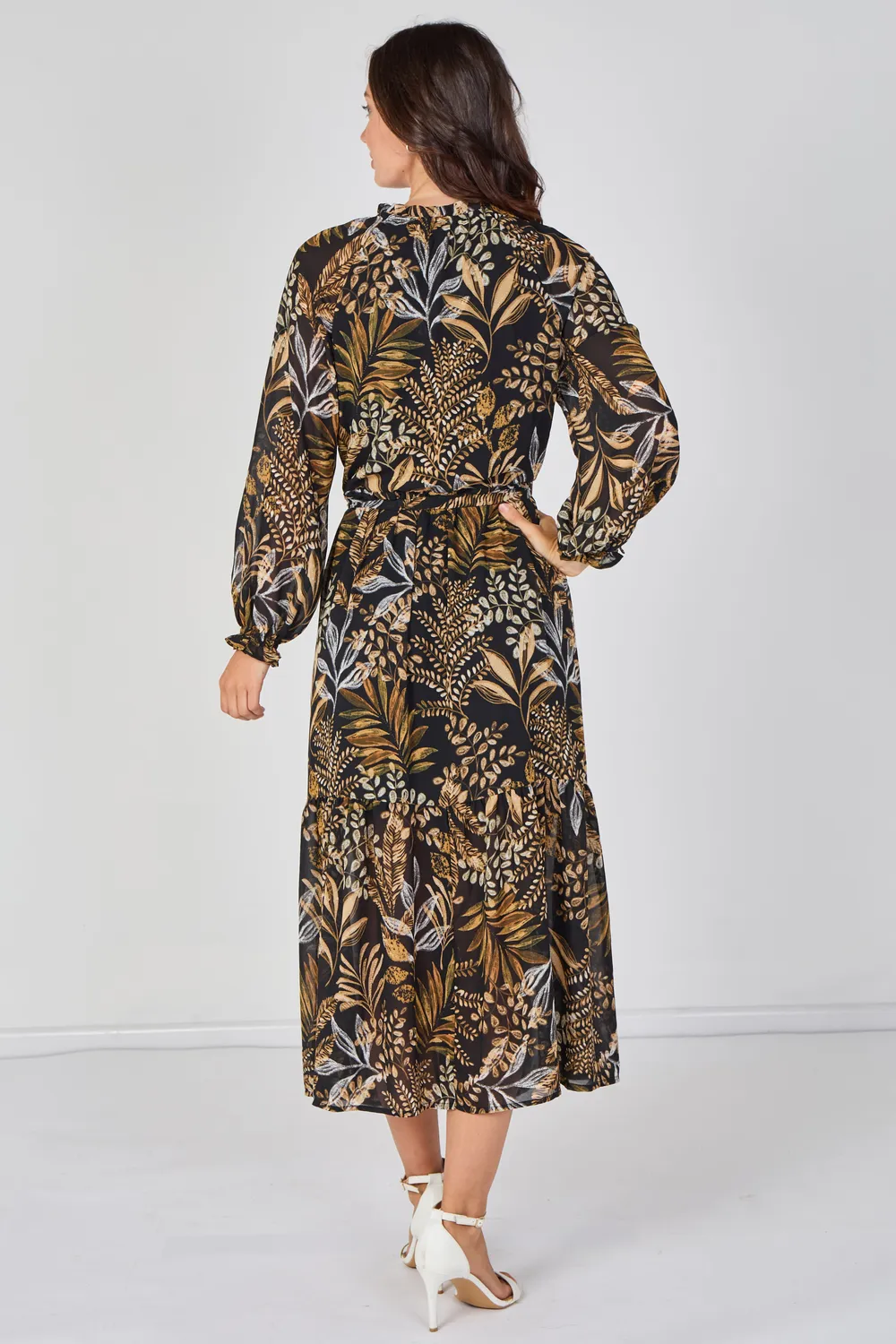 Love Sunshine Botanical abito maxi chiffon marrone con cintura