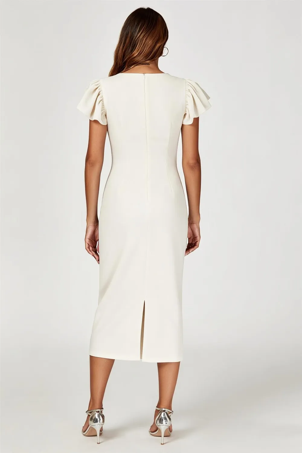 FS Collection Volume Sleeve Bodycon abito midi bianco scollo tondo