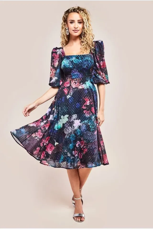 Goddiva DR4332 abito midi nero floreale maniche a sbuffo