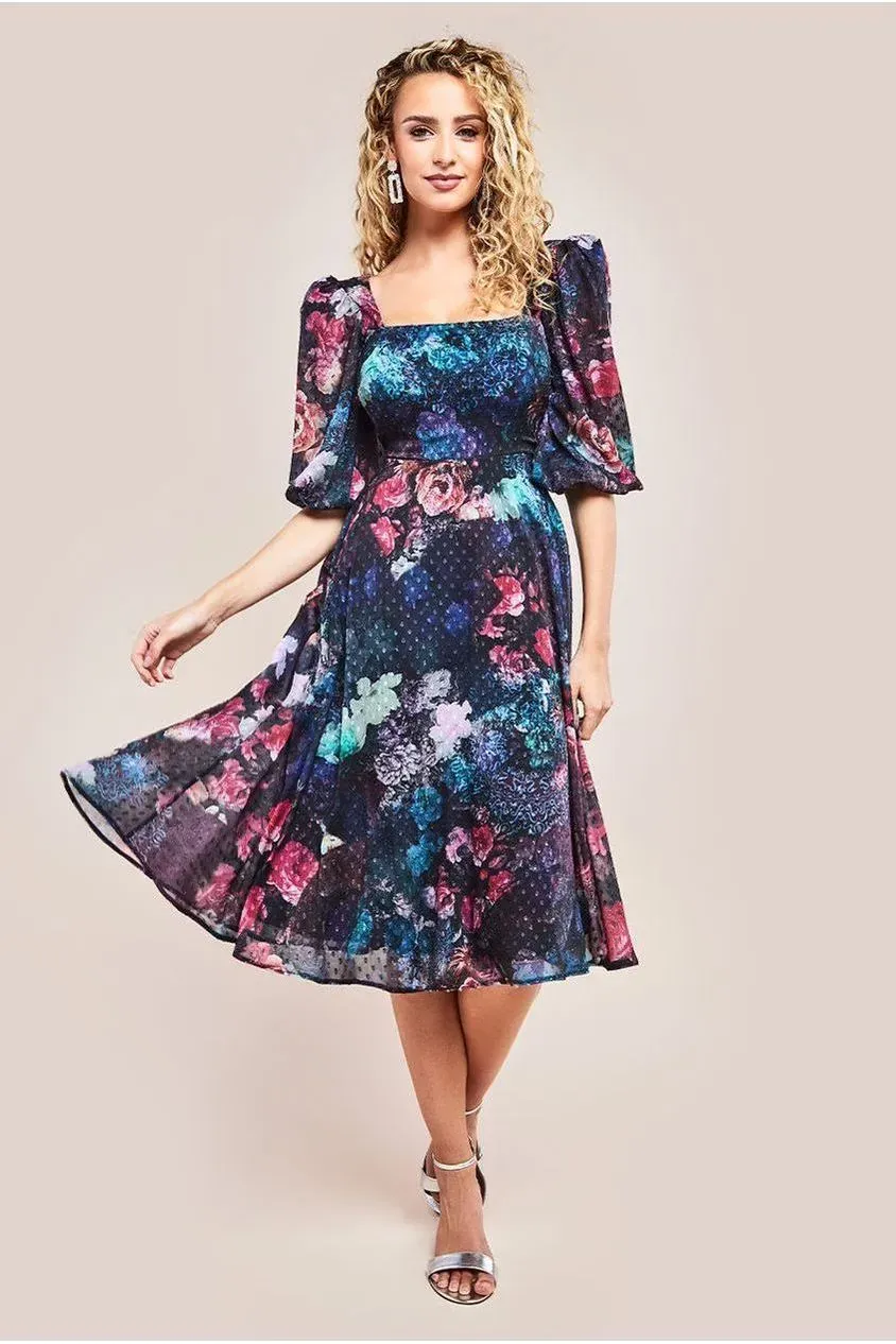 Goddiva DR4332 abito midi nero floreale maniche a sbuffo