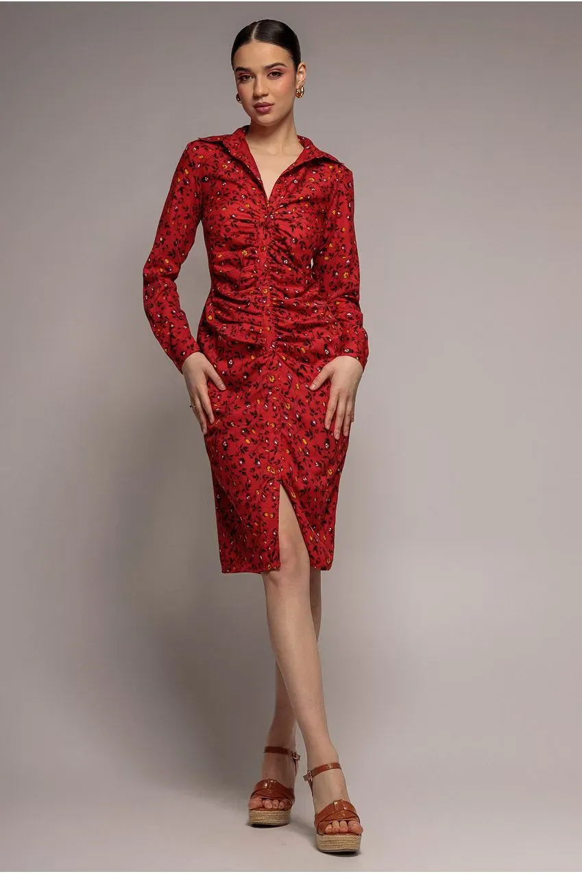 Goddiva Floral Print Abito Camicia Rosso Midi Floreale