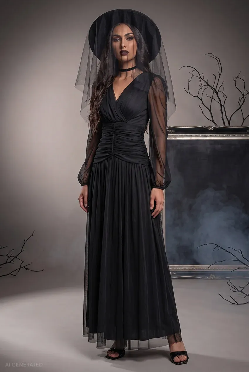 Goddiva Abito Maxi Strega Nero Maniche Trasparenti