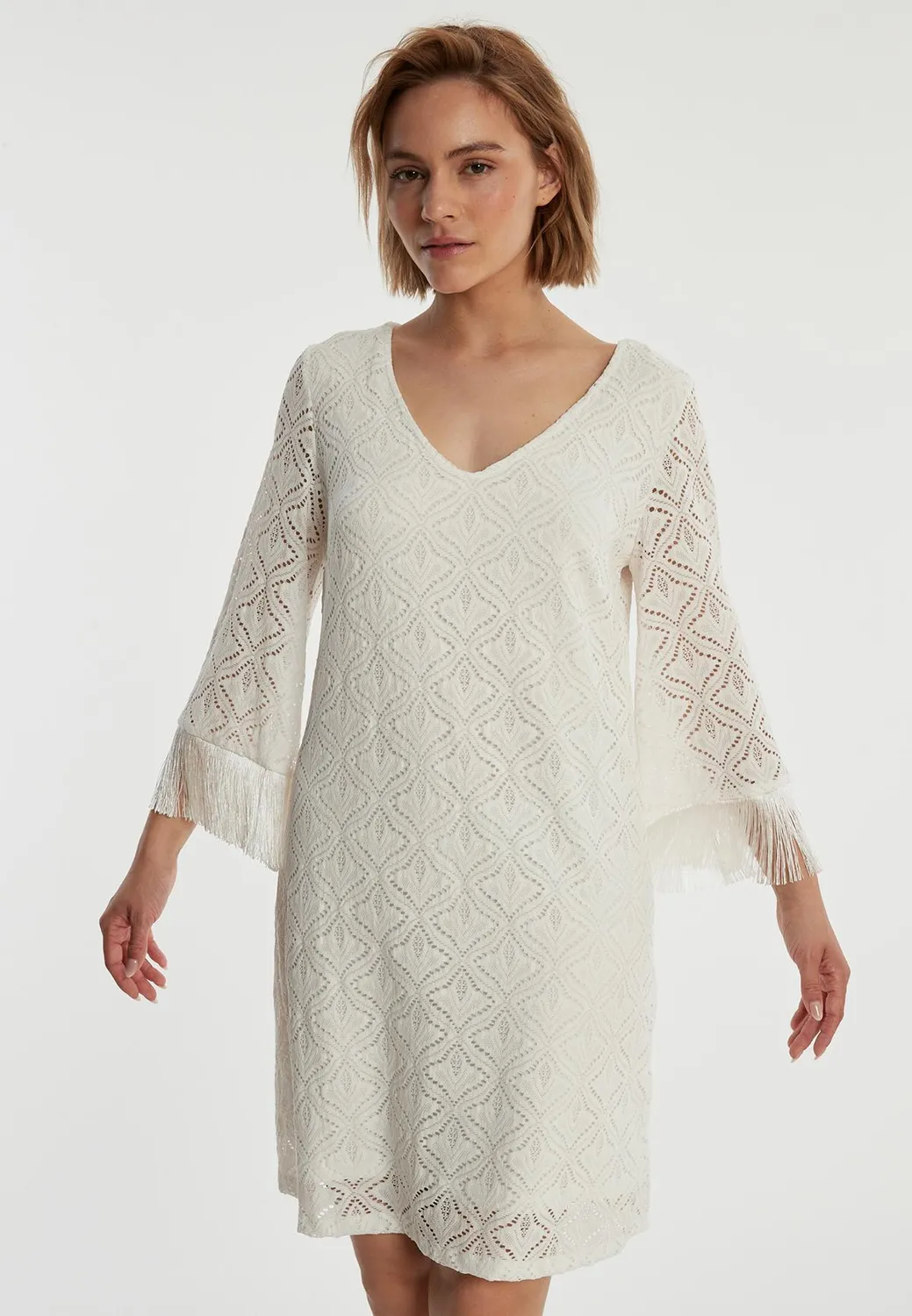 Ana Alcazar Zalea abito pizzo bianco con frange
