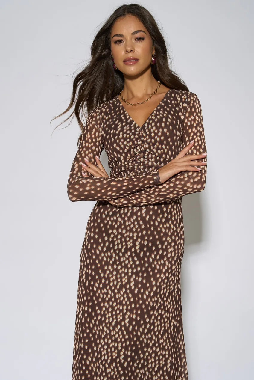 Gini London Animal Mesh Ruched Abito Midaxi Marrone Manica Lunga