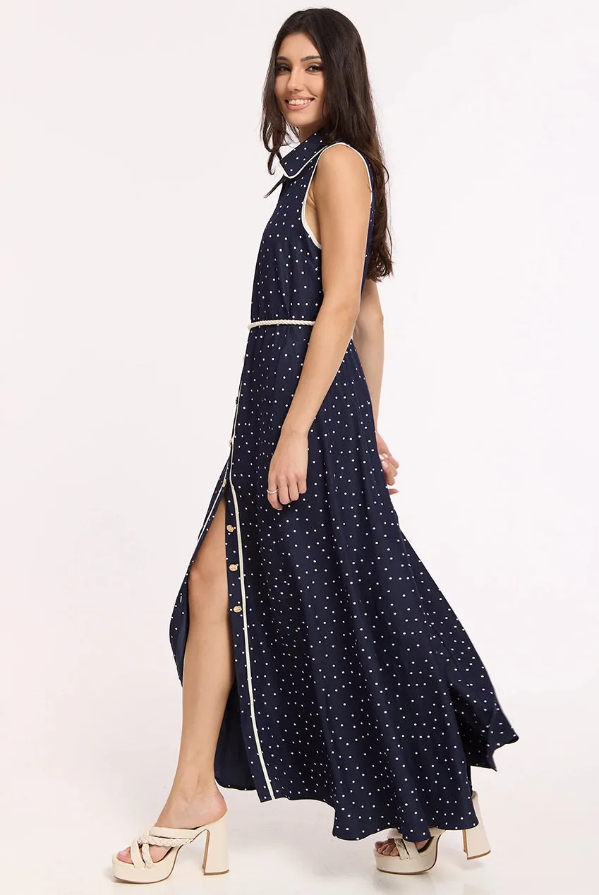 Liquorish Navy abito maxi blu a pois in tencel