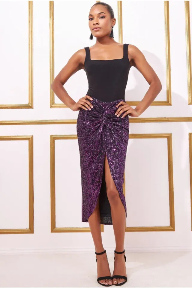 Goddiva Knot Front gonna midi viola paillettes