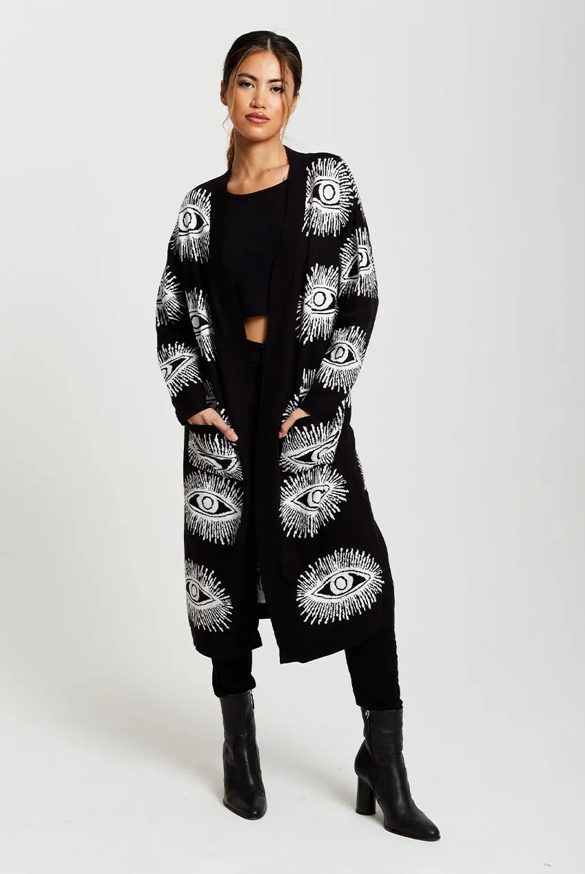 Liquorish Longline Eye Pattern cardigan nero lungo
