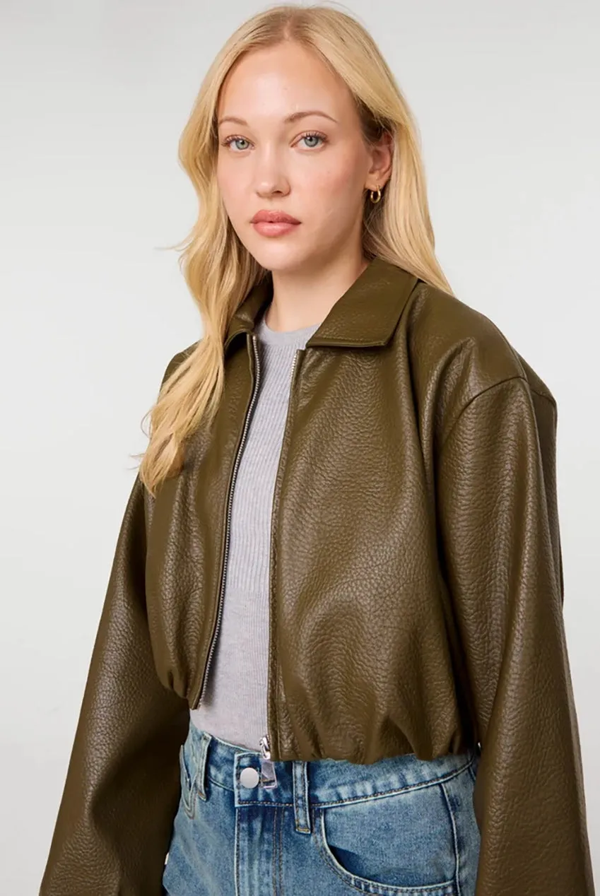 Pink Vanilla Puffball giacca ecopelle oliva cropped