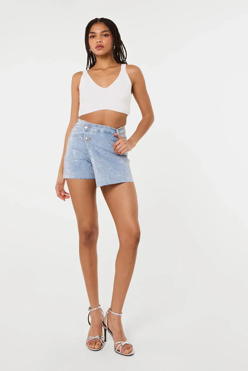 Pink Vanilla Diamante Denim gonna shorts blu mini strass