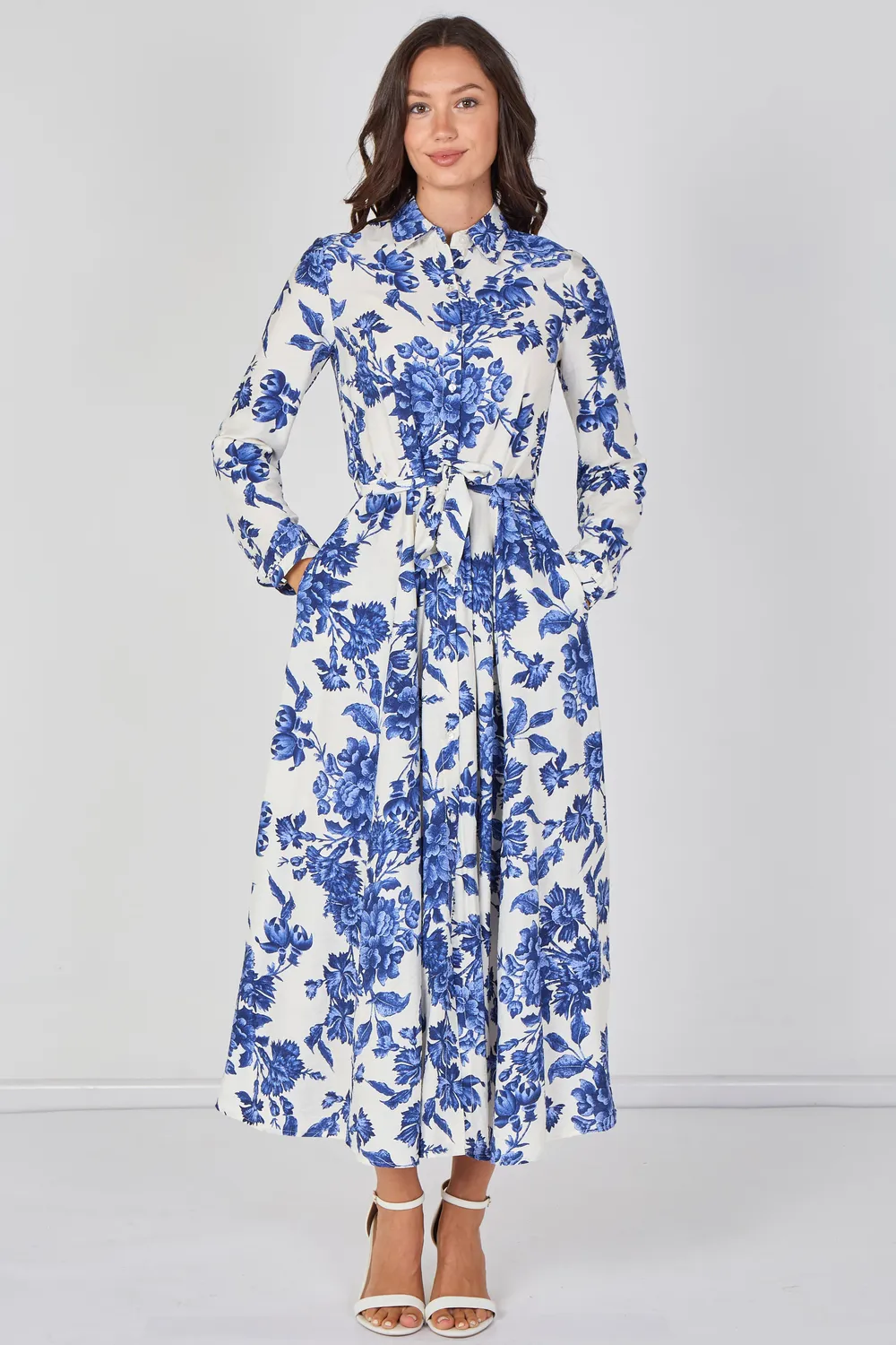 Love Sunshine Porcelain abito camicia maxi blu cintura