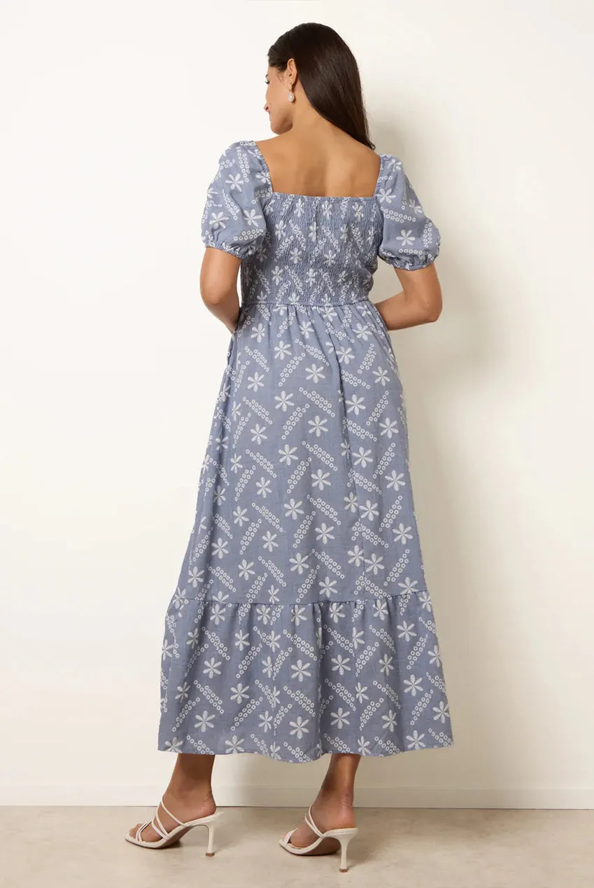 Blue Vanilla abito midi floreale blu scollo quadrato S/M