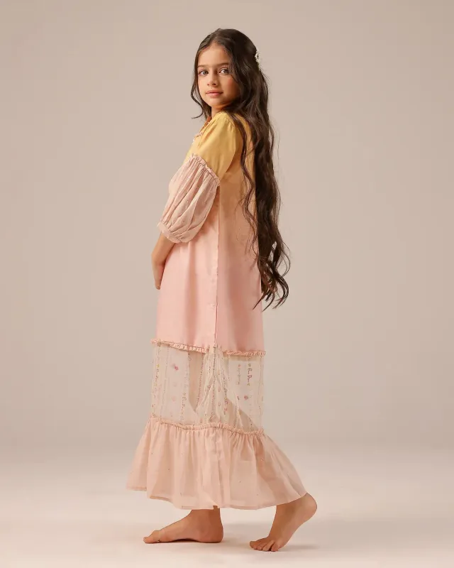 Our Dve Palm Whisper Dress abito bambina giallo rosa lino