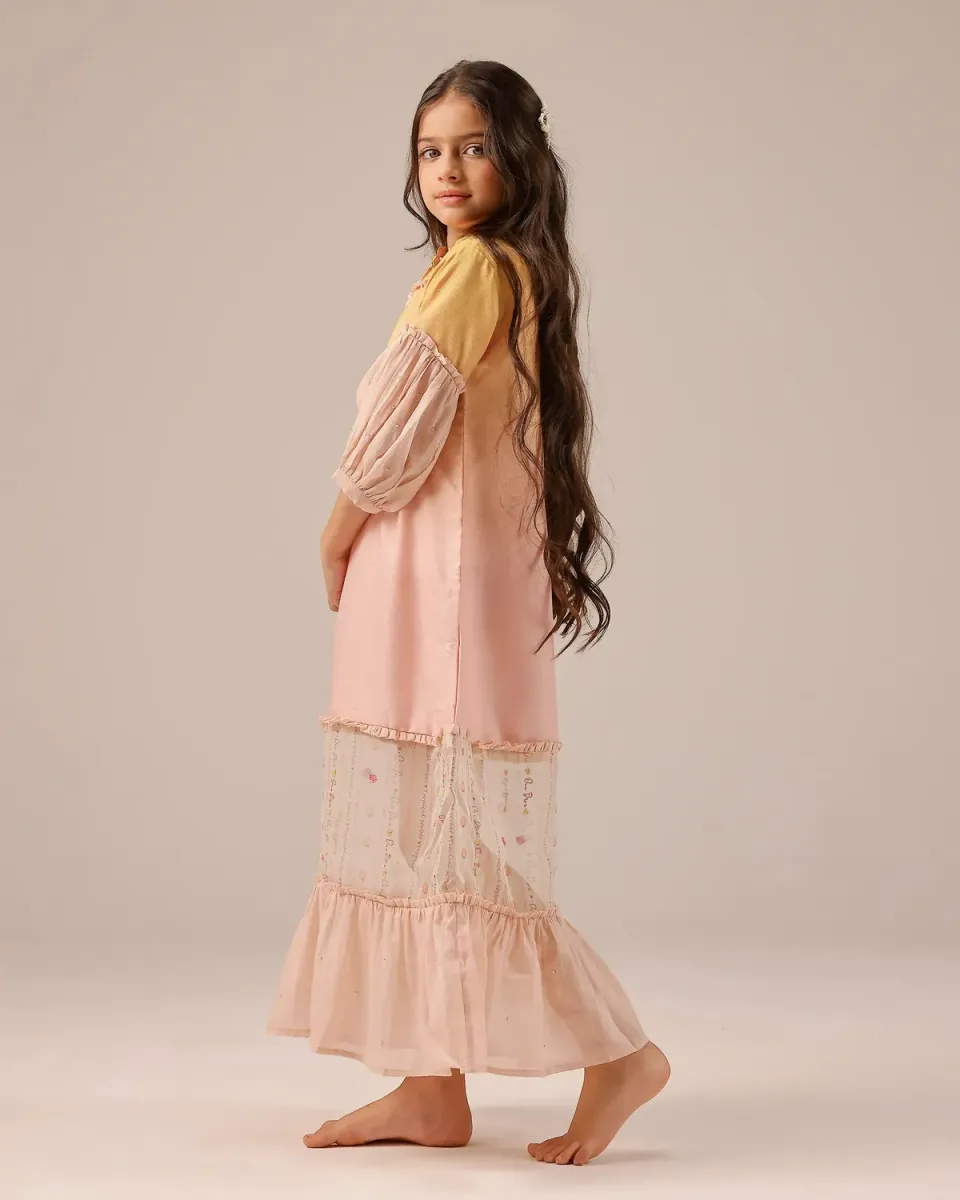 Our Dve Palm Whisper Dress abito bambina giallo rosa lino