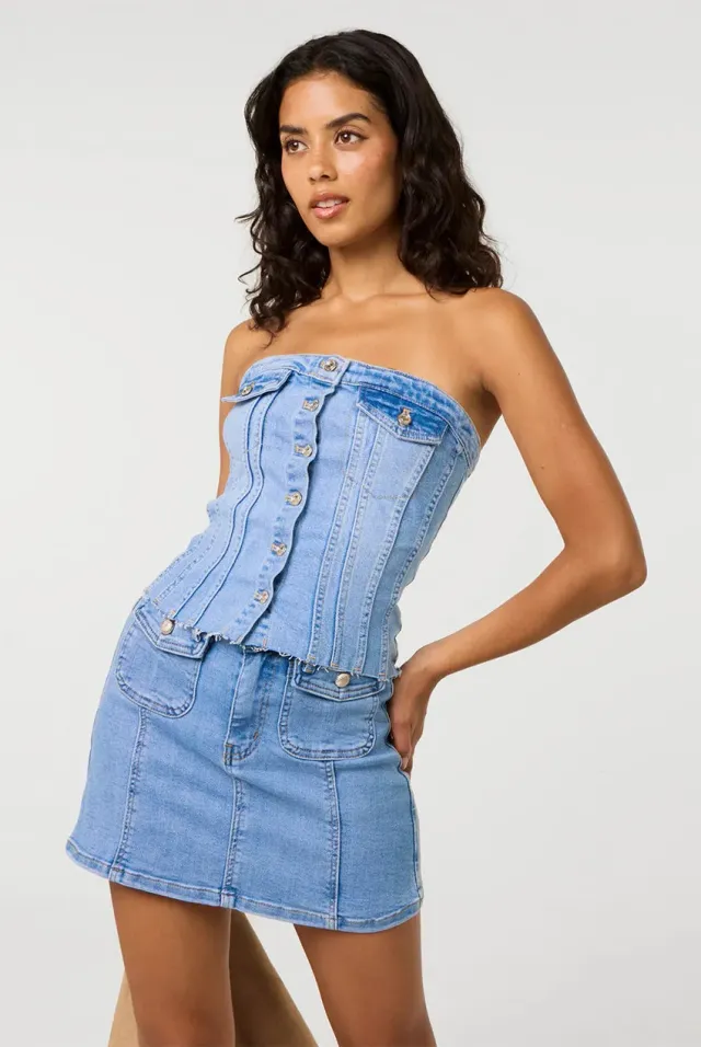 Pink Vanilla Corsetto top denim chiaro senza spalline