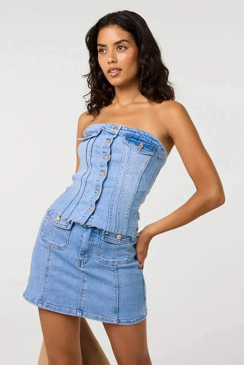 Pink Vanilla Corsetto top denim chiaro senza spalline