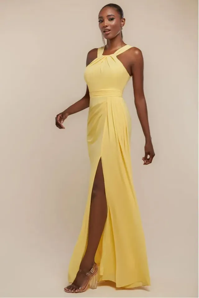 Goddiva Halterneck Thigh Split abito maxi chiffon limone