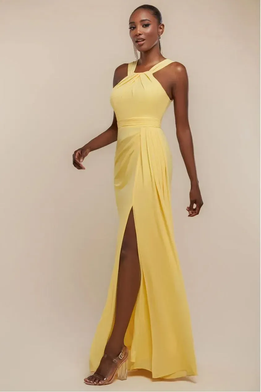 Goddiva Halterneck Thigh Split abito maxi chiffon limone