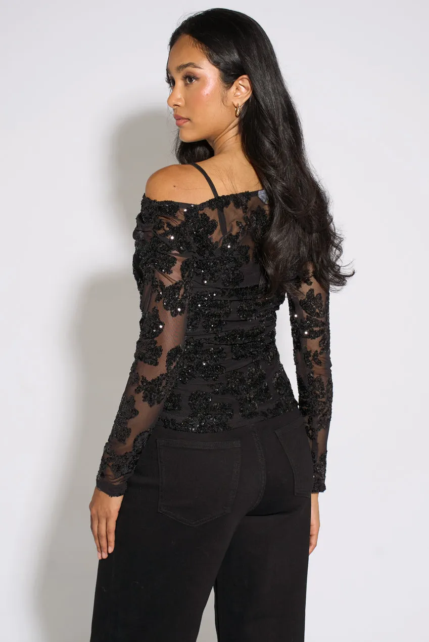 Gini London Sequin Asymmetric top nero paillettes floreali