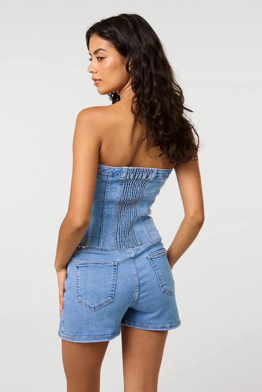 Pink Vanilla Corsetto top denim chiaro senza spalline