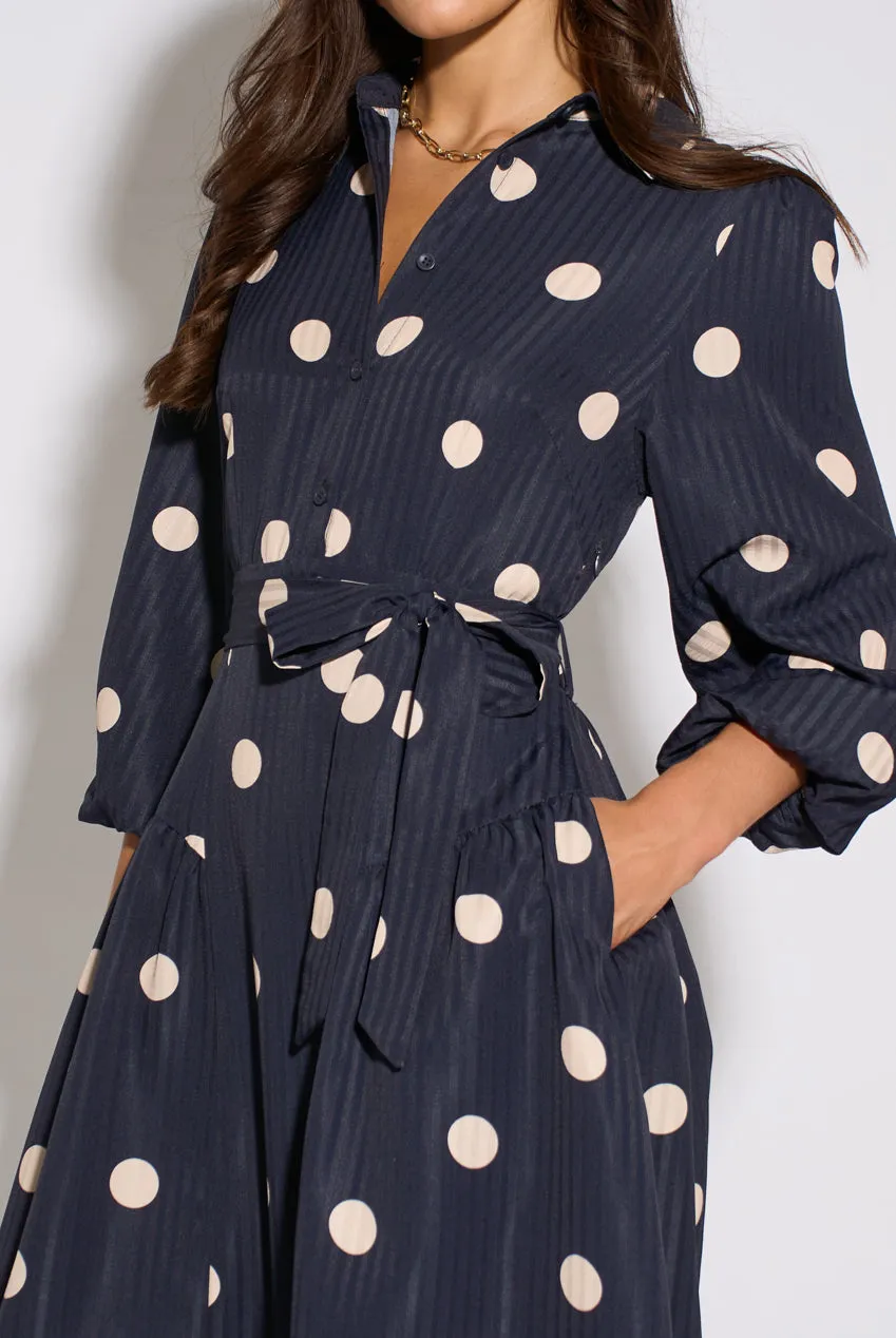Gini London abito blu navy pois jacquard svasato