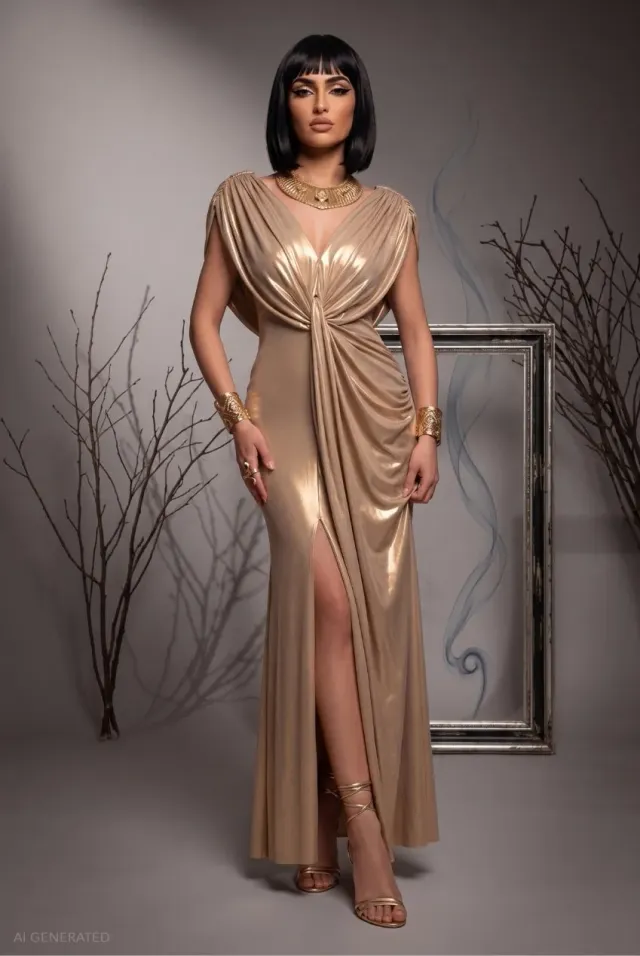 Goddiva Cleopatra Abito Maxi Oro Lamé Spacco Halloween