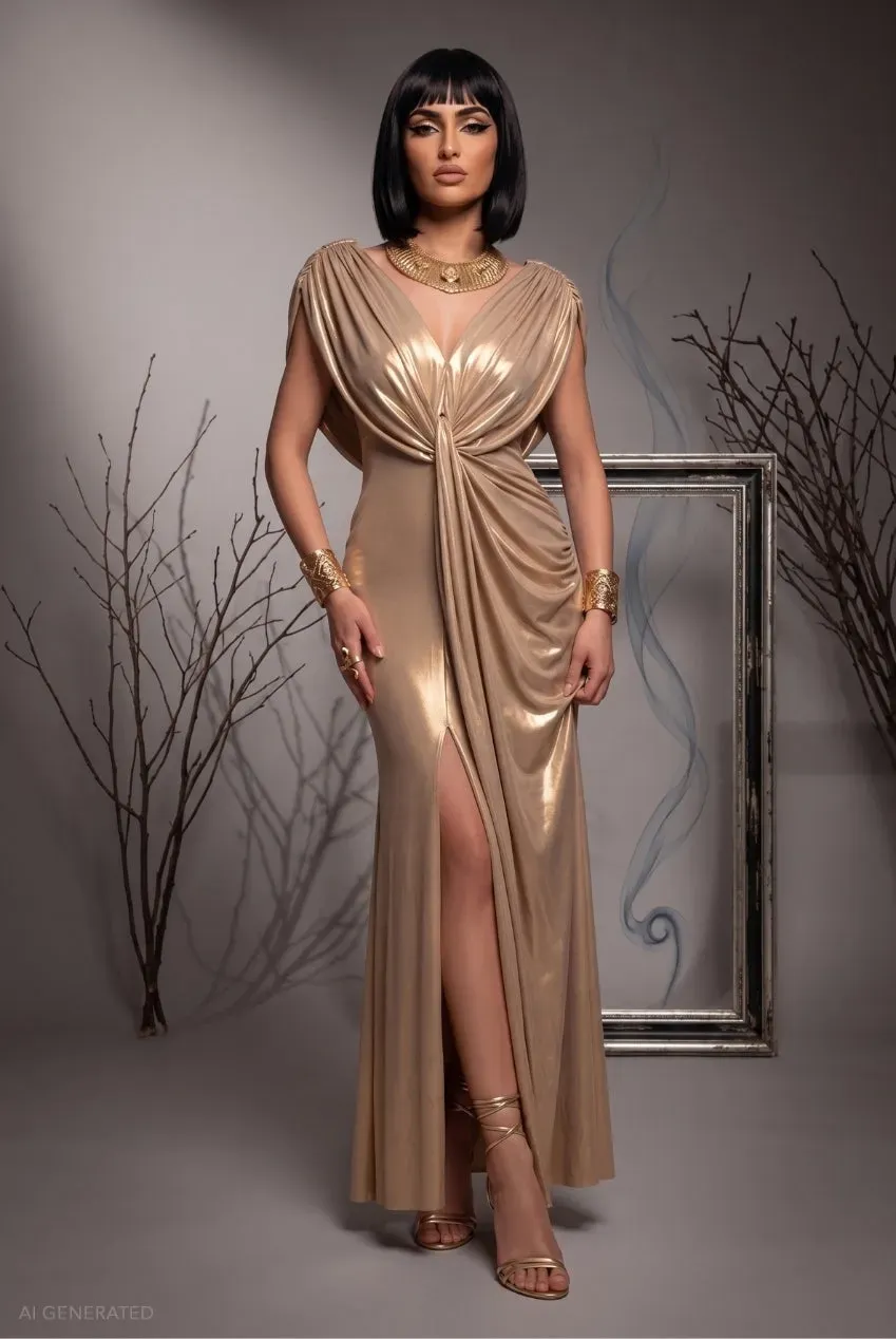 Goddiva Cleopatra Abito Maxi Oro Lamé Spacco Halloween