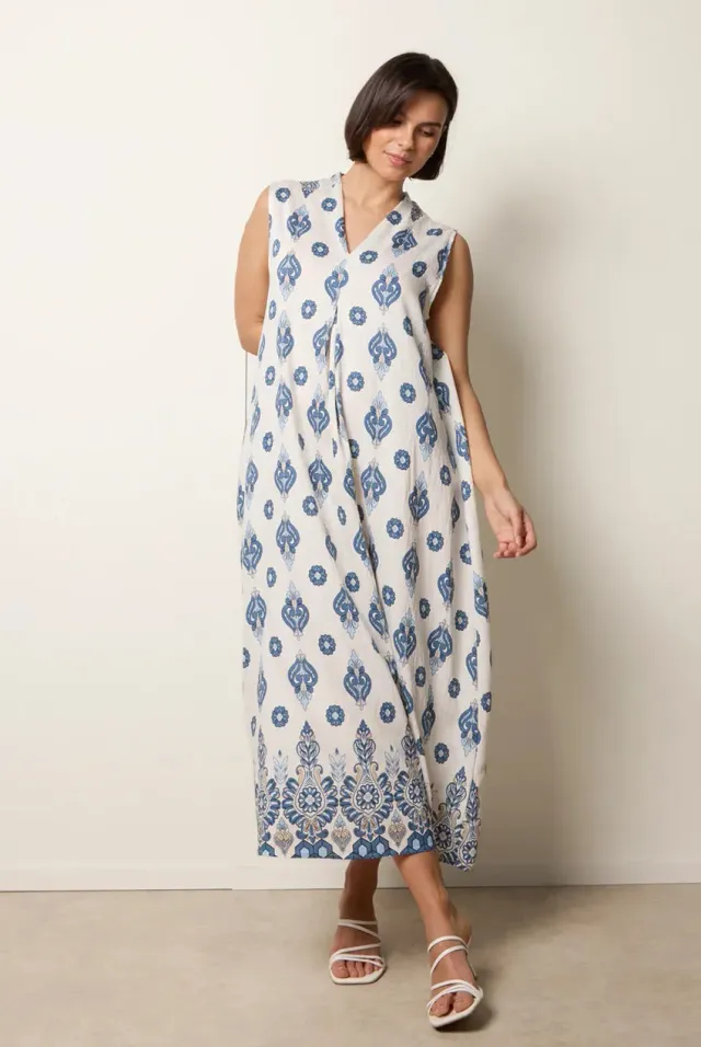Blue Vanilla abito midi navy floreale linea A scollo V