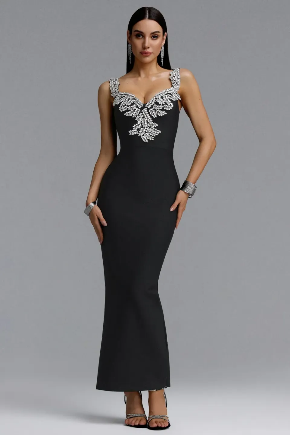 Bella Barnett Lila abito bandage midi nero strass scollo V