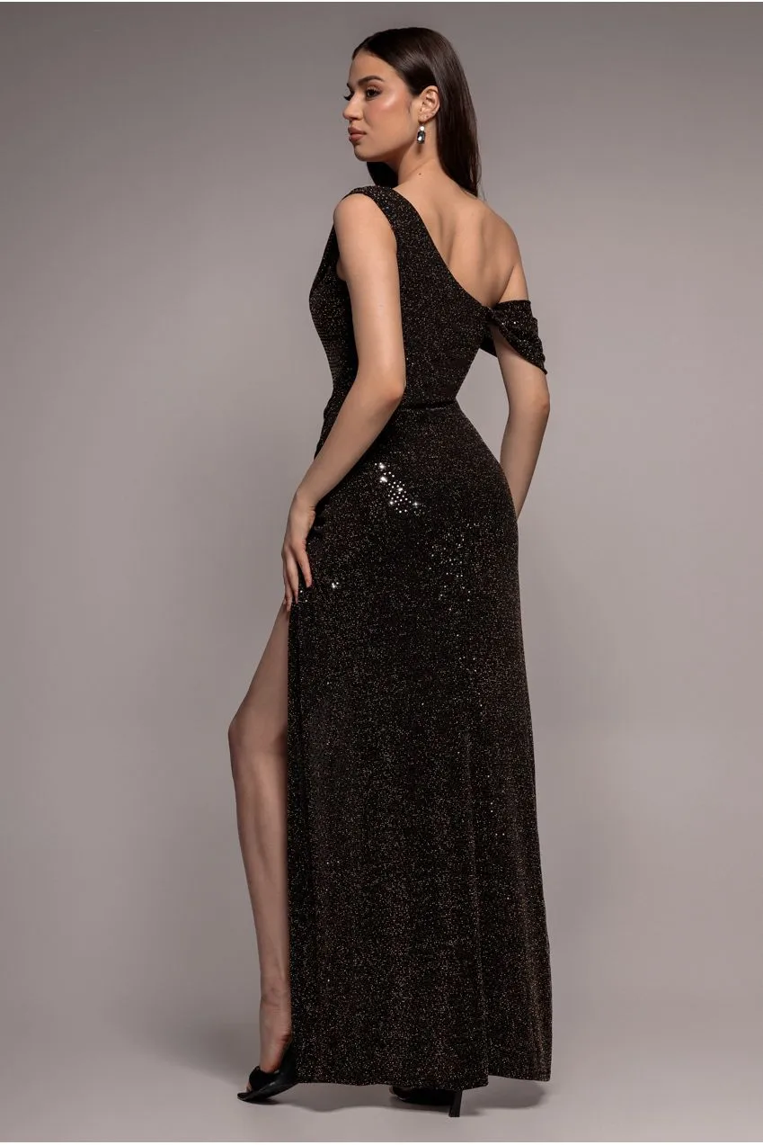 Goddiva Cowl Neck Sequin abito lungo nero spacco