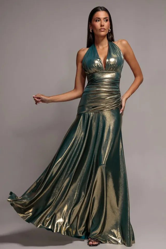 Goddiva Halterneck Empire abito maxi oro scuro laminato