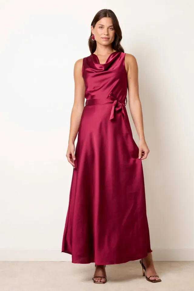 Blue Vanilla Satin Cowl Neck abito maxi vino cintura