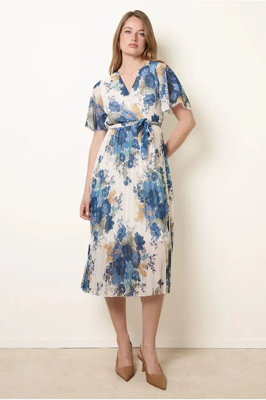 Blue Vanilla Crossover Print vestito plisse navy midi chiffon