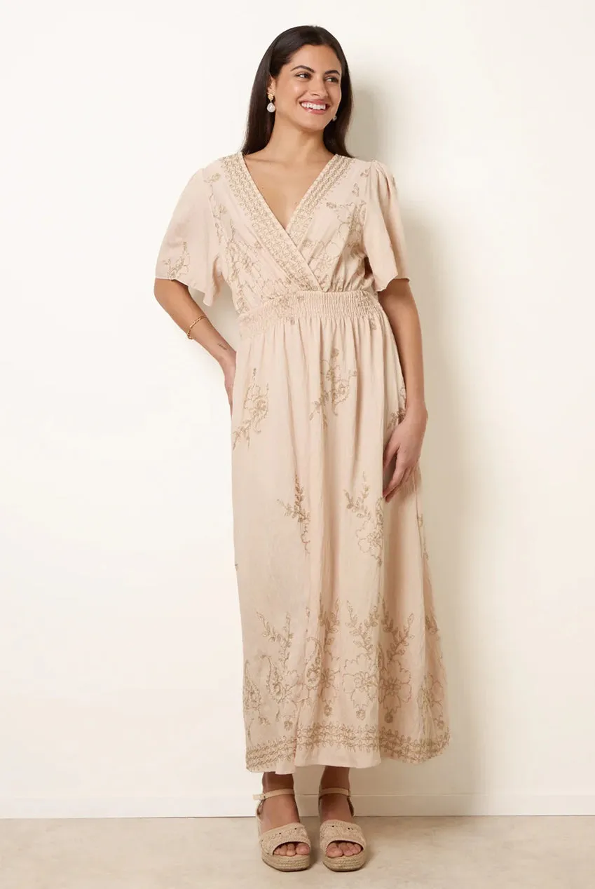Goddiva Blue Vanilla Abito Maxi Stone ricamo metallizzato