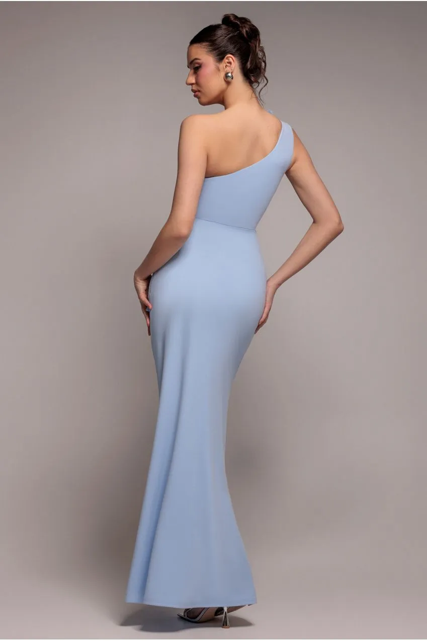 Goddiva DR4872 abito maxi monospalla azzurro plisse
