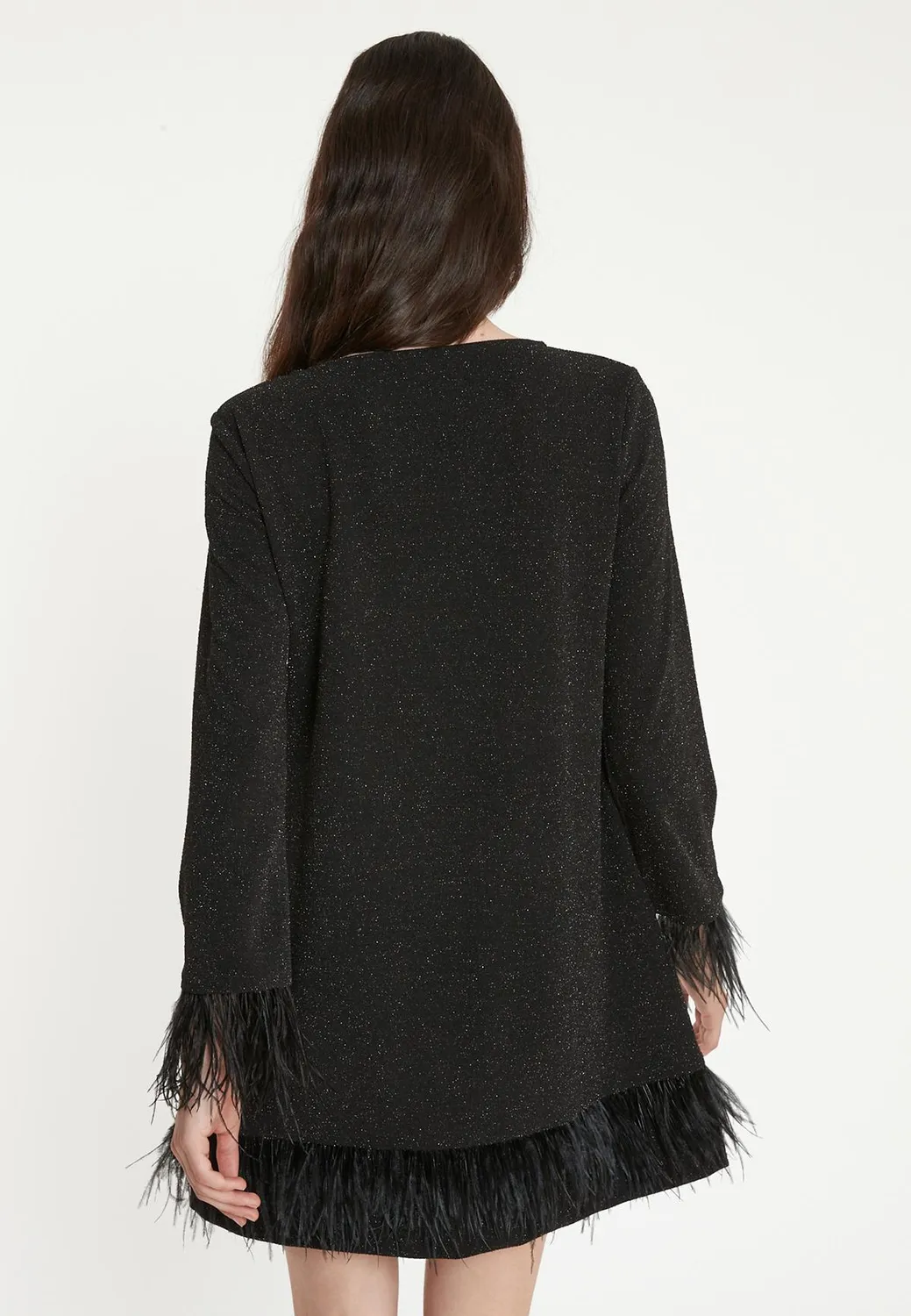Ana Alcazar Tara abito cocktail nero lurex piume