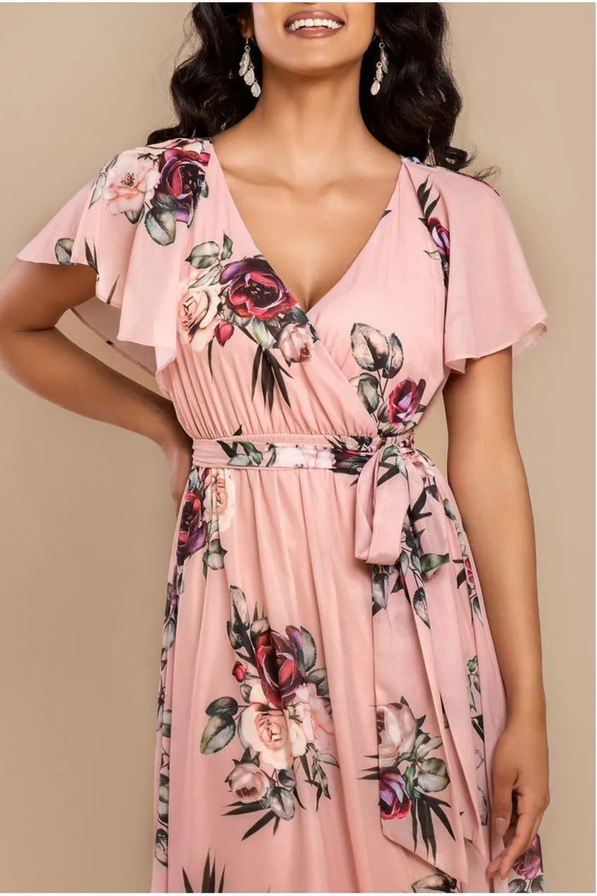 Goddiva Floral Print abito midi pesca a portafoglio