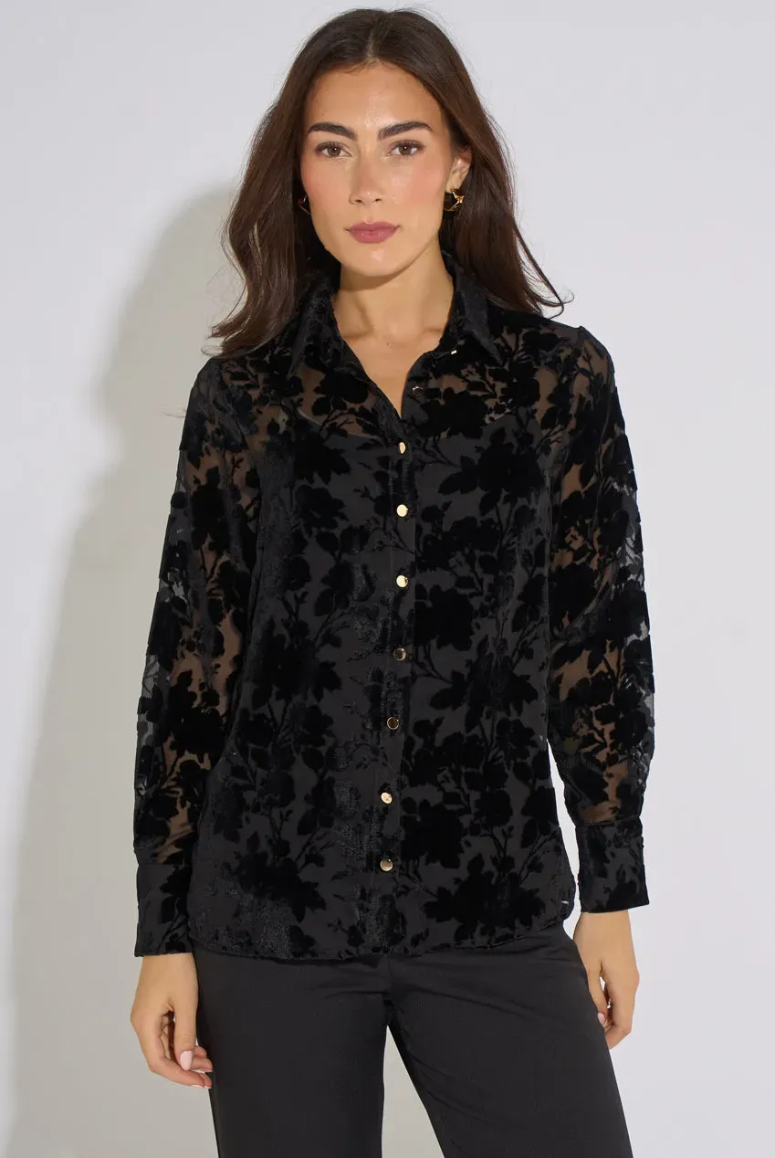 Gini London Black Floral Burnout camicia nera maniche lunghe