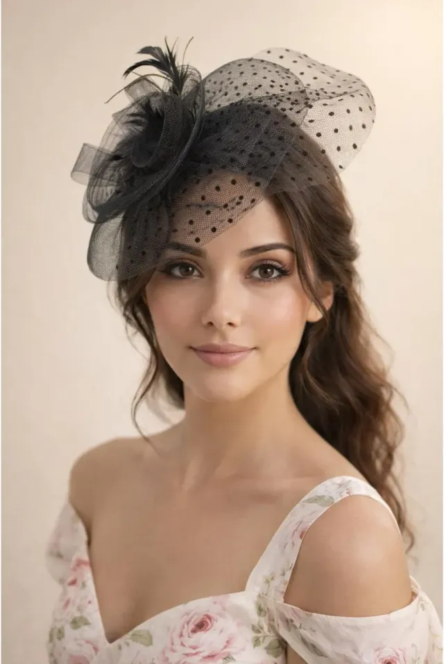 SVNX Feather Polka Veil fascinator nero velo pois