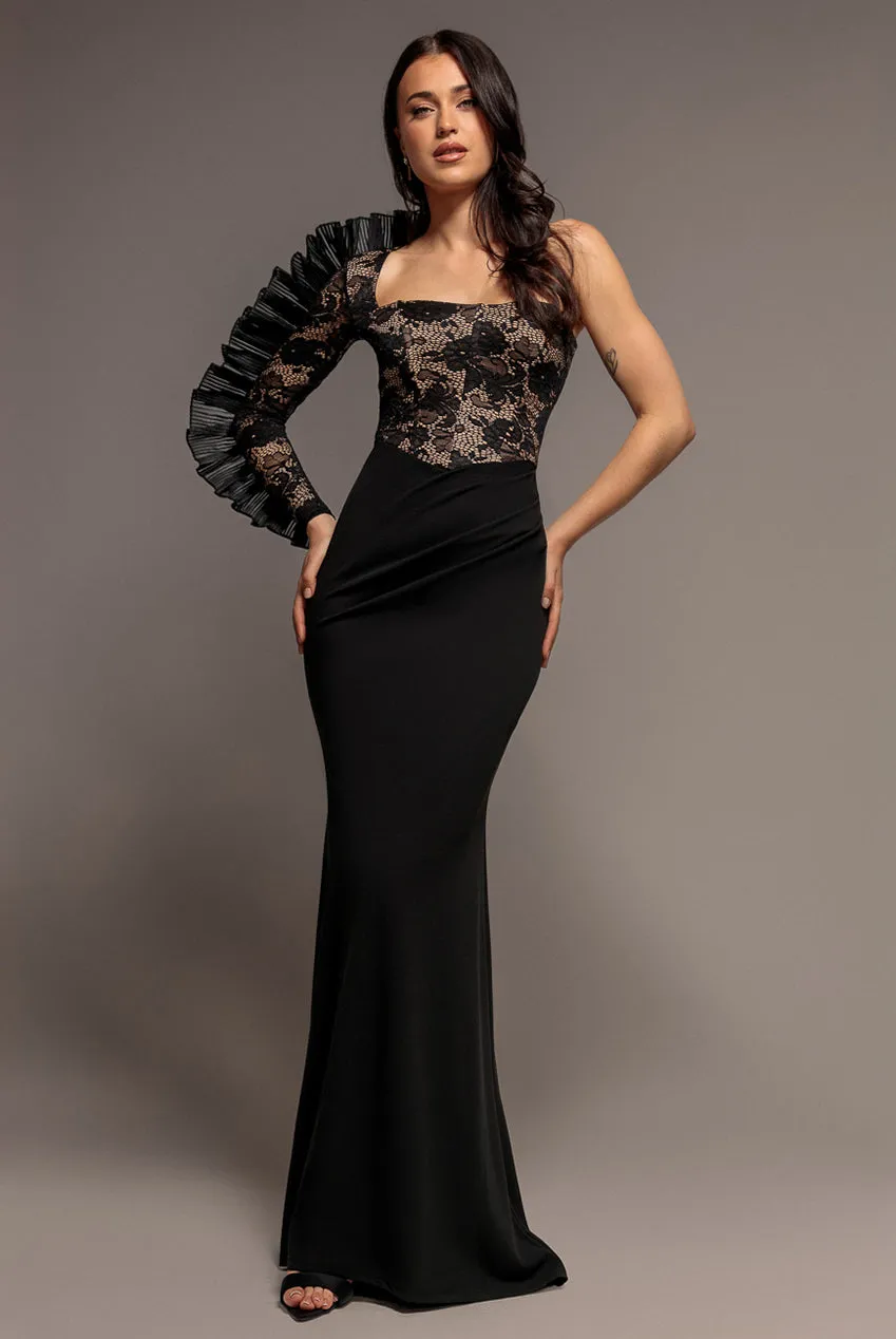 Goddiva One Shoulder abito maxi nero pizzo