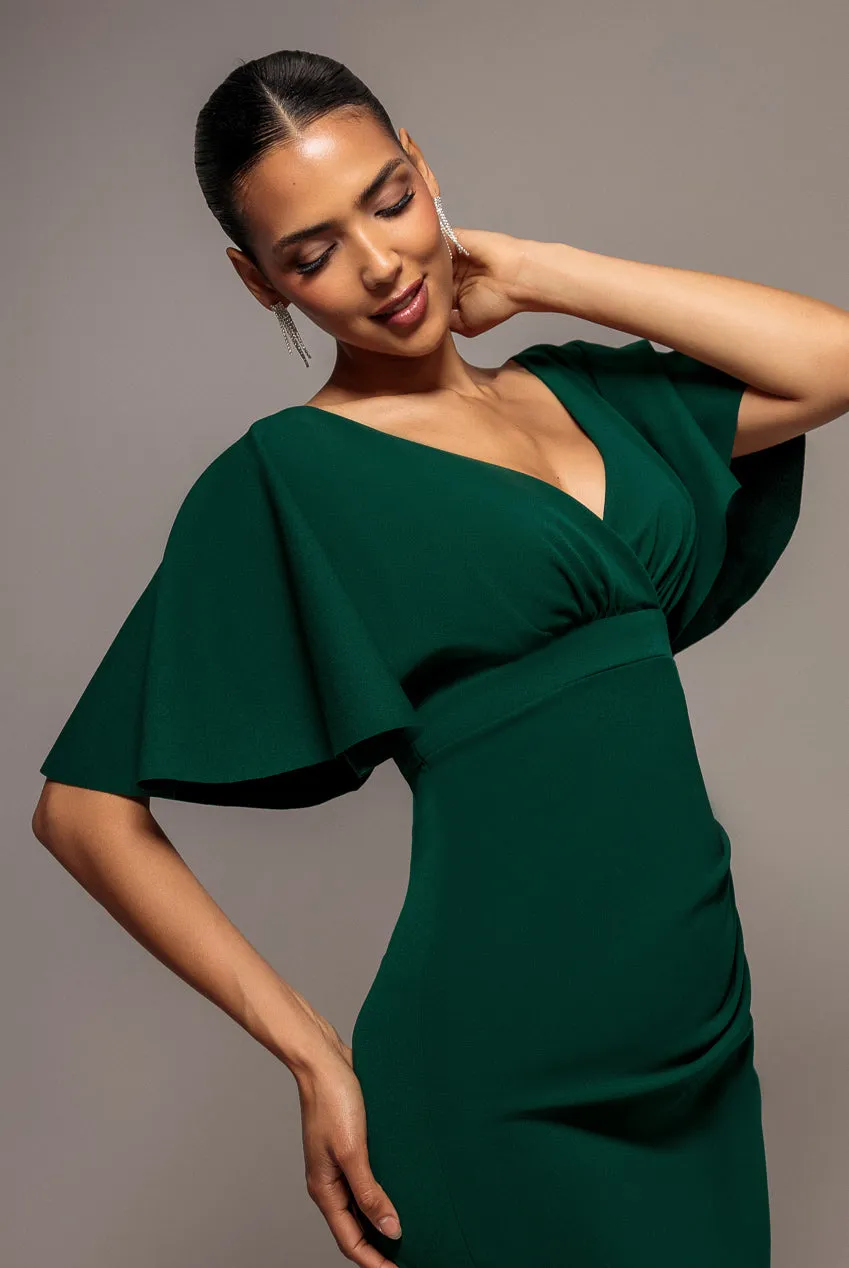 Goddiva Flutter Sleeve Wrap abito midi verde smeraldo bodycon
