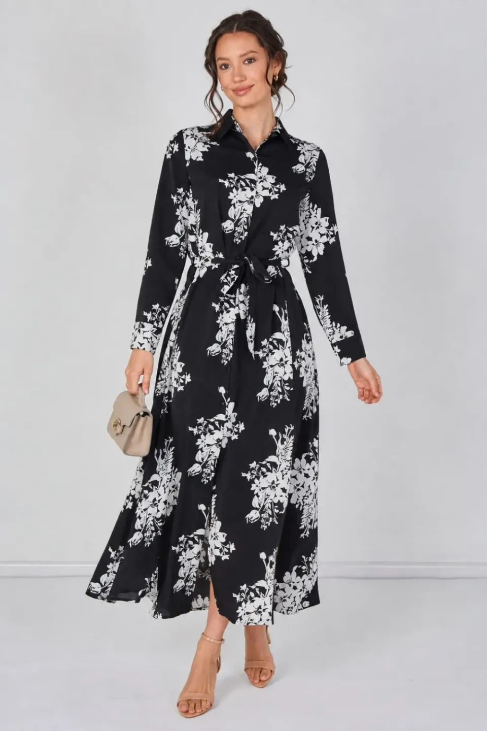 Love Sunshine abito camicia maxi floreale nero bianco L