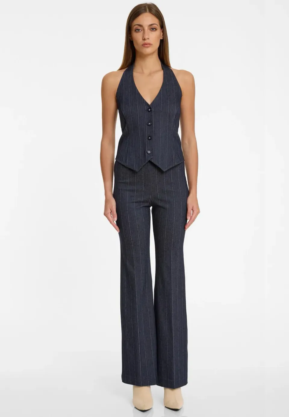 Ana Alcazar Apara gilet blu halterneck gessato
