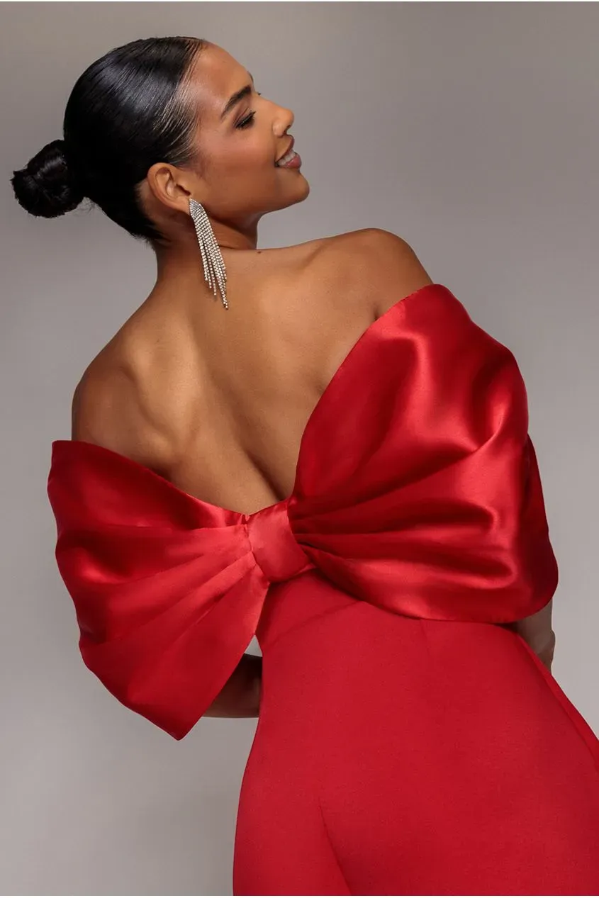 Goddiva Bow Abito Mini Rosso Scuba Fiocco Schiena Scoperta