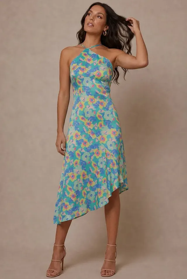 Chi Chi London One-Shoulder abito midi verde floreale