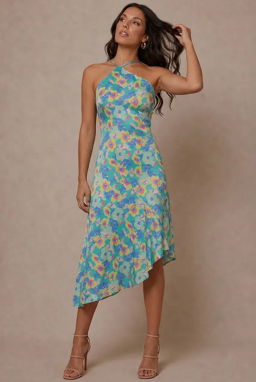 Chi Chi London One-Shoulder abito midi verde floreale
