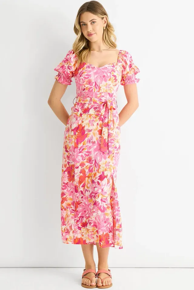 Gini London Abito Midi Floreale Rosso con Cintura e Maniche a Sbuffo