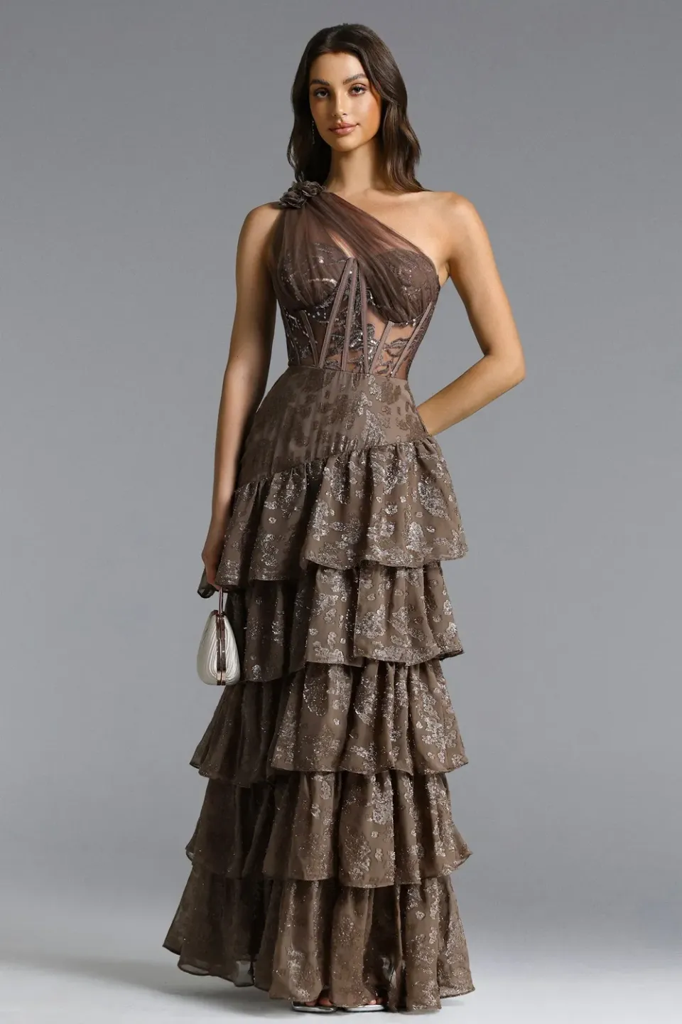 Bella Barnett Hedar Abito Maxi Paillettes Marrone Monospalla