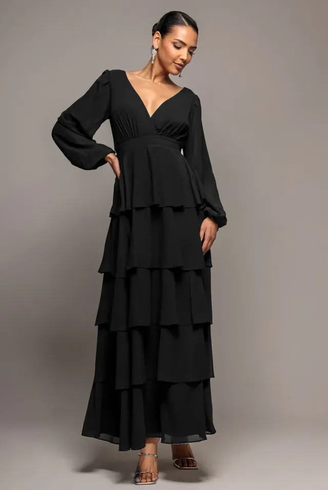 Goddiva Chiffon Wrap Maxi abito nero scollo V maniche lunghe