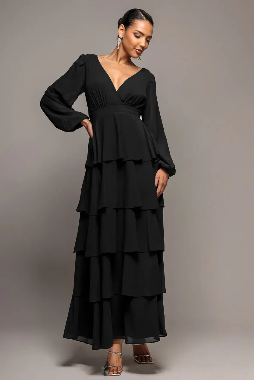 Goddiva Chiffon Wrap Maxi abito nero scollo V maniche lunghe